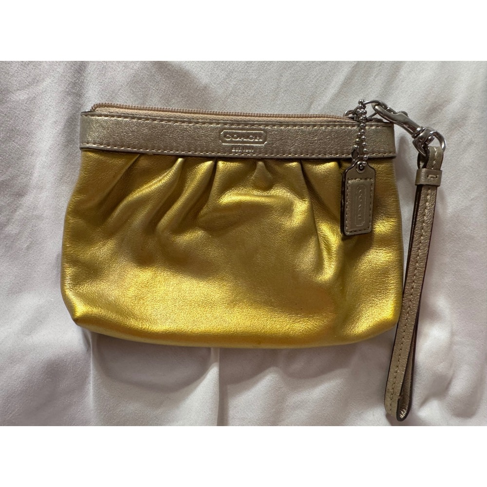 Coach Metallic Gold Leather Pleated‎ Wristlet Bag Champagne Trim Blue Lining